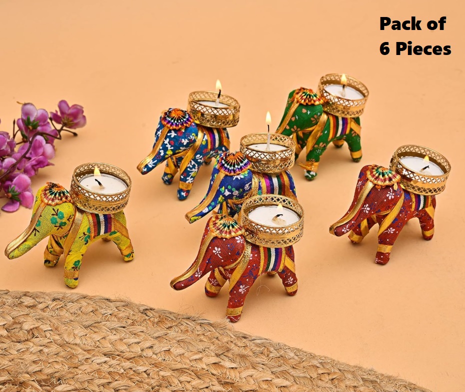 Elephant Tealight Candle Holder Stand Set - Diwali Decoration Items for Home Decor Diyas Indoor Outdoor Office Gifting - Diwali Décor (Multicolor)